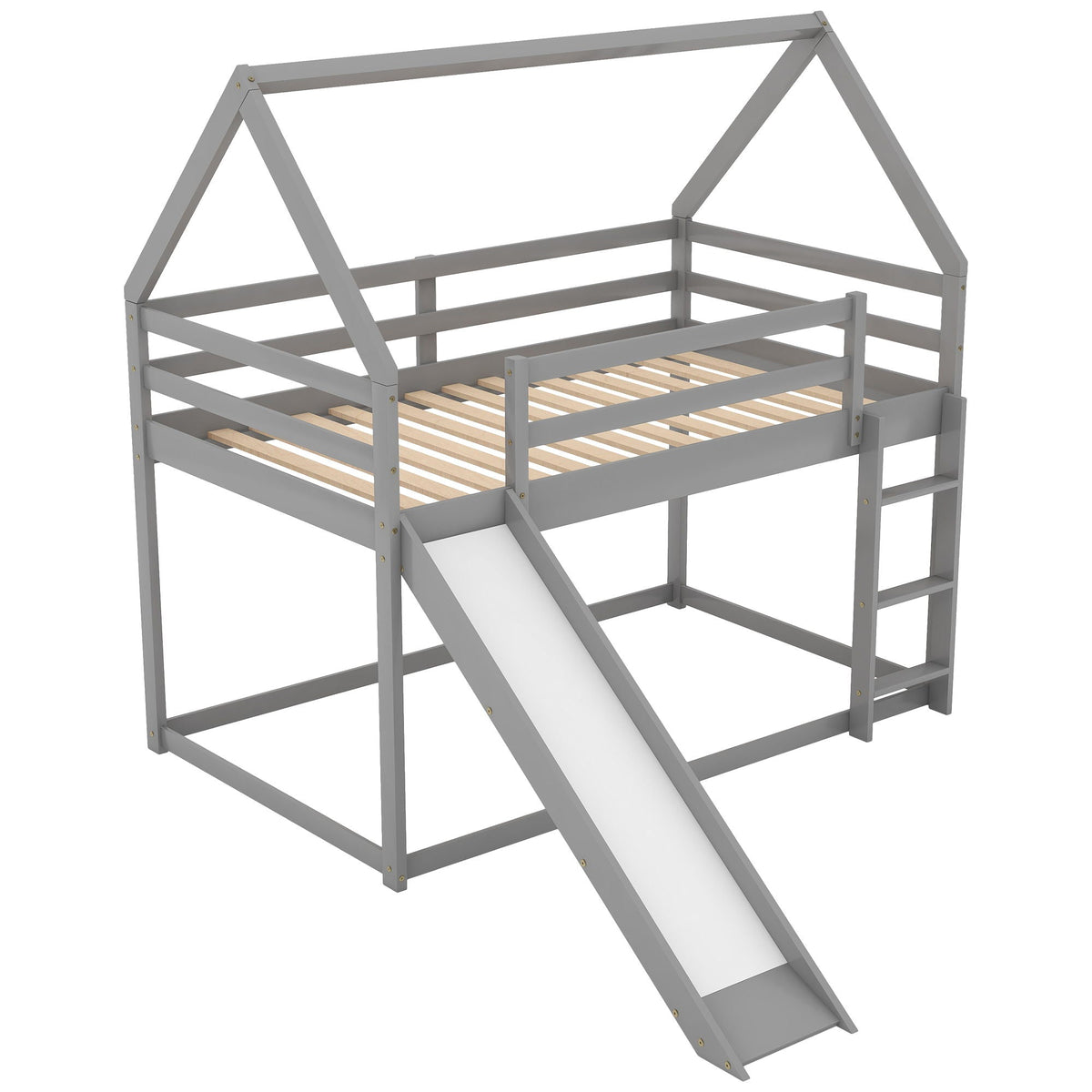 House Shape Bunk Bed With Slide And Ladder, gray wood frame, HouseOfZazla on Tampa Home & Garden Store
