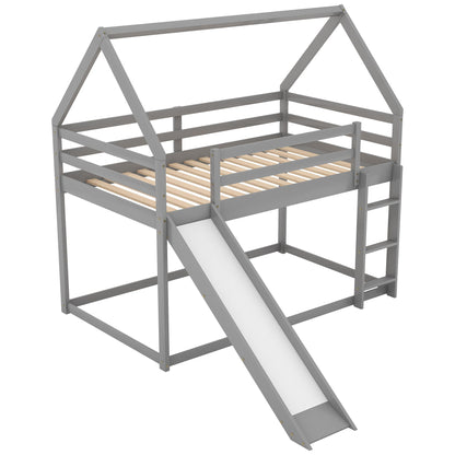 House Shape Bunk Bed With Slide And Ladder, gray wood frame, HouseOfZazla on Tampa Home & Garden Store