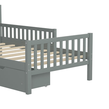 Gray platform bed with guardrails on both sides and 2 storage drawers, wooden slat base on Tampa Home & Garden Store