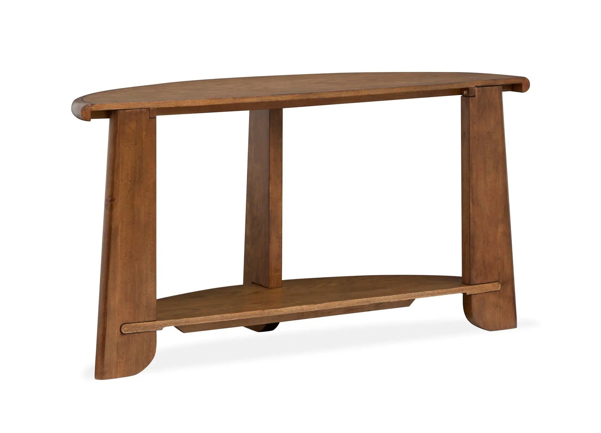 Tanner Demilune Sofa Table tawny brown wood with rounded ends and lower shelf on Tampa Home & Garden Store