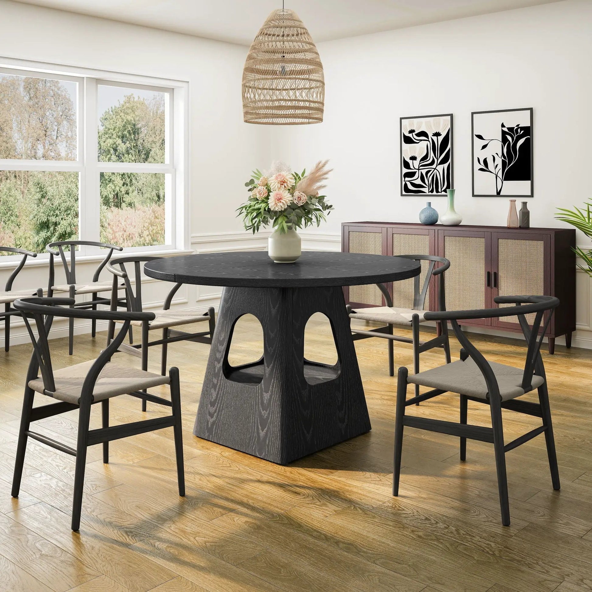 Farmhouse round dining table with storage base in dark wood by Unique Piece Furniture on Tampa Home & Garden Store