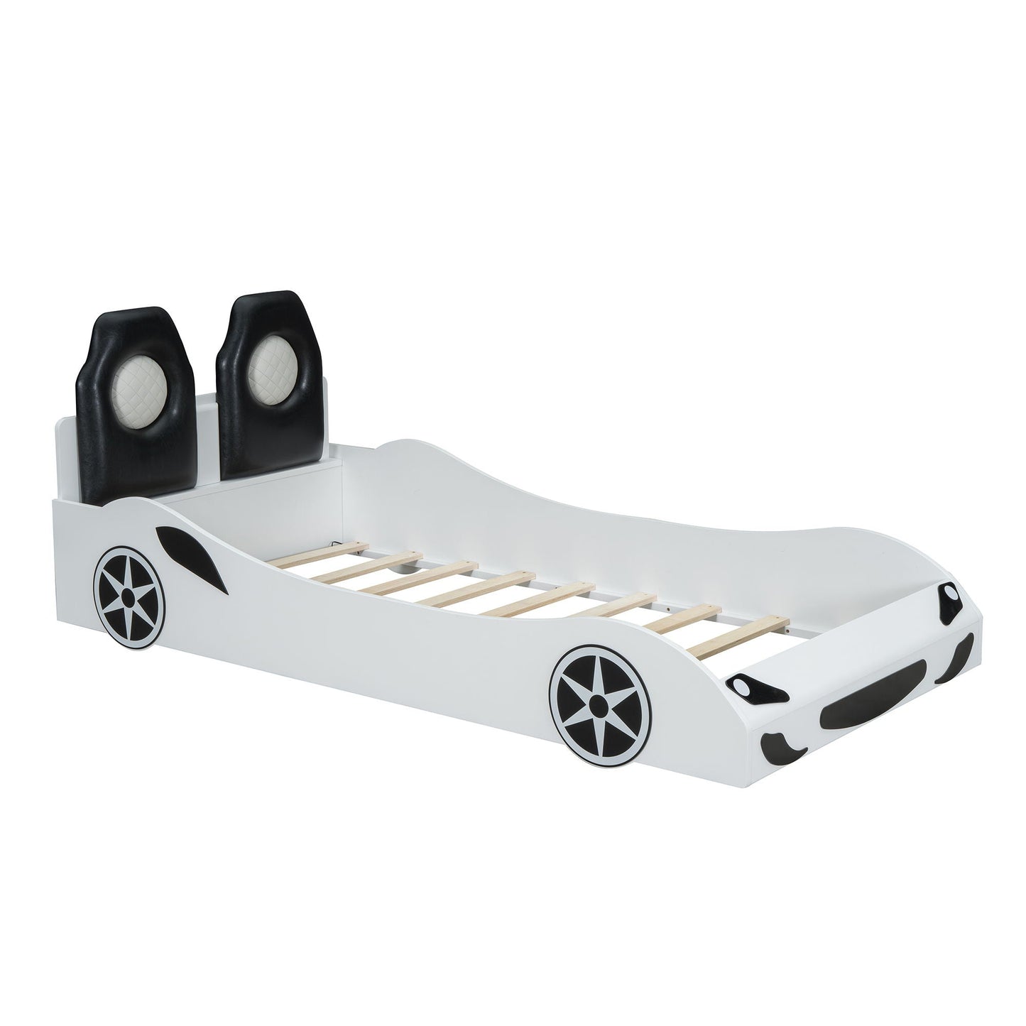Race car shaped platform bed with black upholstered backrests on a white frame and wheel decals on Tampa Home & Garden Store