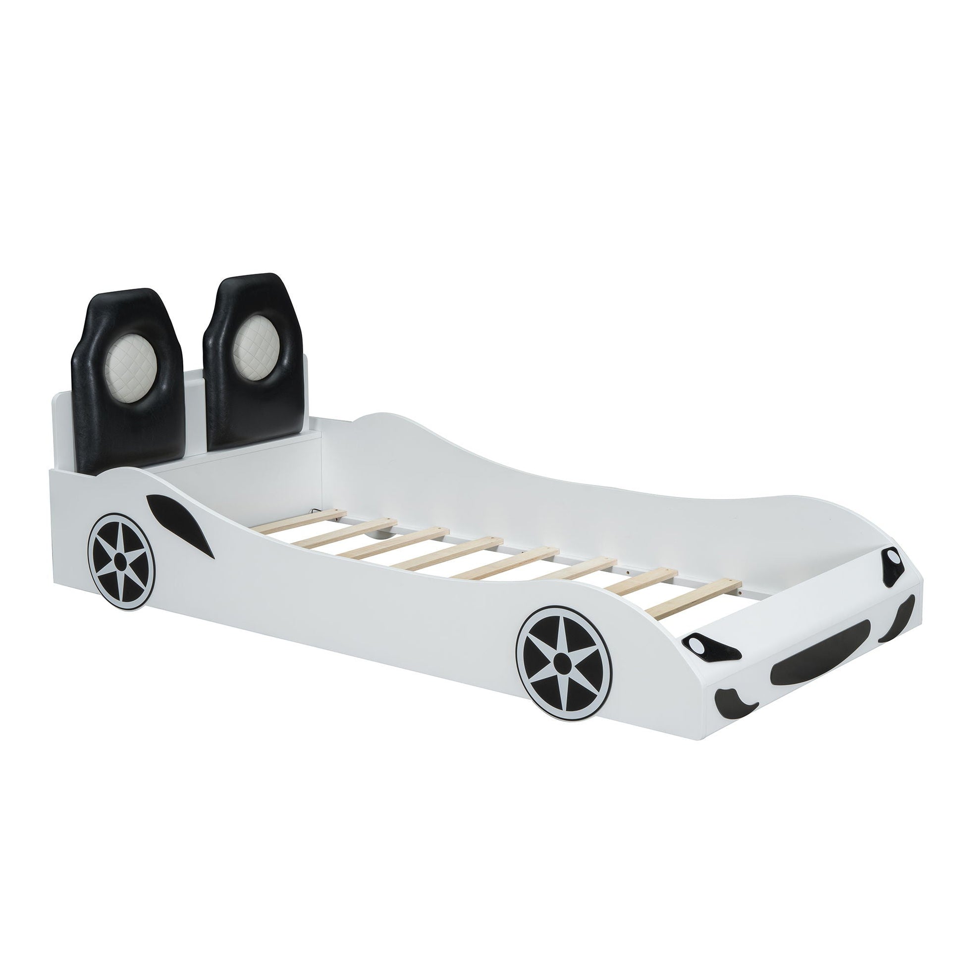 Race car shaped platform bed with black upholstered backrests on a white frame and wheel decals on Tampa Home & Garden Store