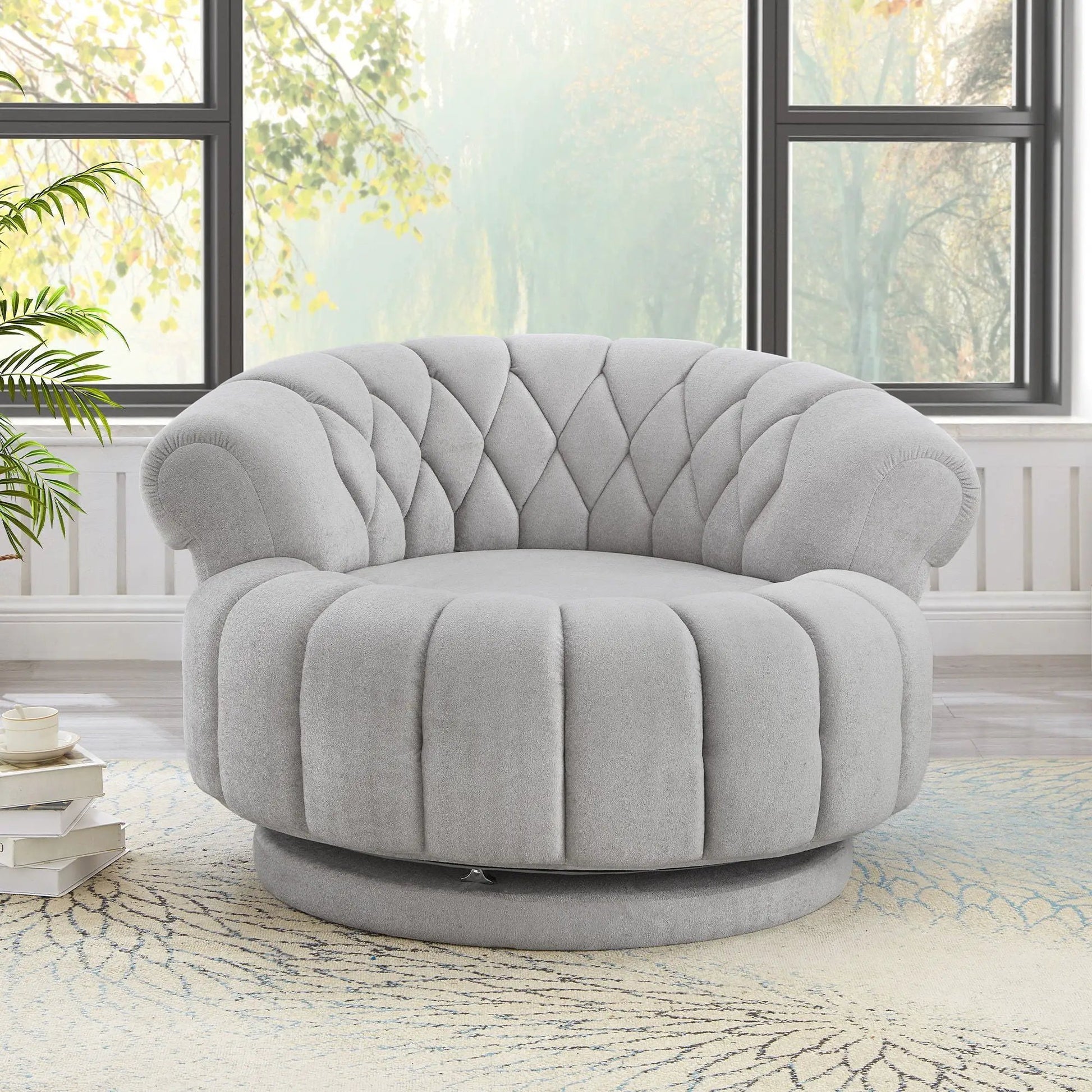Round swivel accent chair with rotation in soft gray fabric and tufted back on Tampa Home & Garden Store