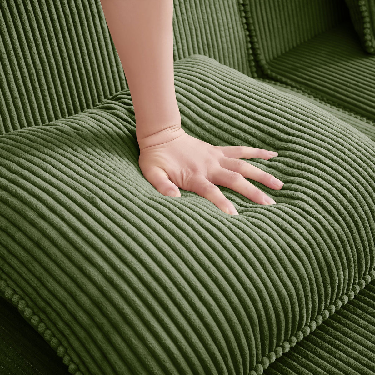 Modular Green Corduroy Armless Sofa and Pillow