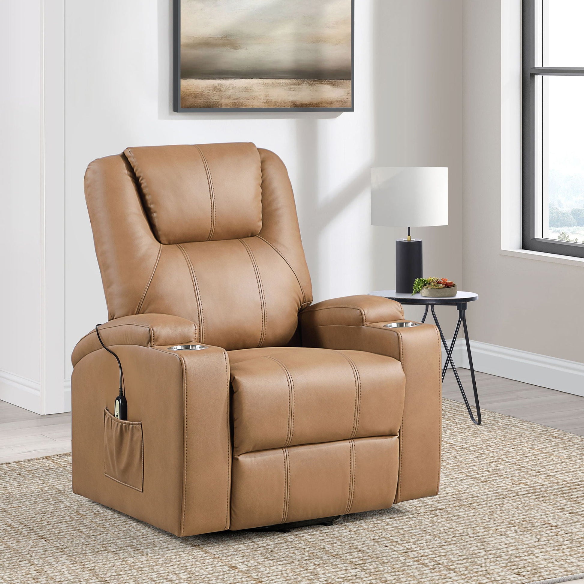 Macklin Power Lift Massage Recliner with Heat and Dual Cupholders in tan on Tampa Home & Garden Store