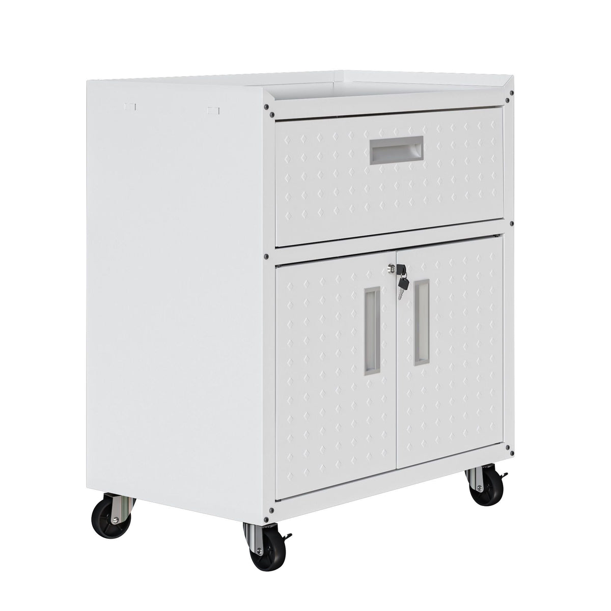 Mobile Garage Cabinet with Locking System in gray/white front on casters HouseOfZazla on Tampa Home & Garden Store