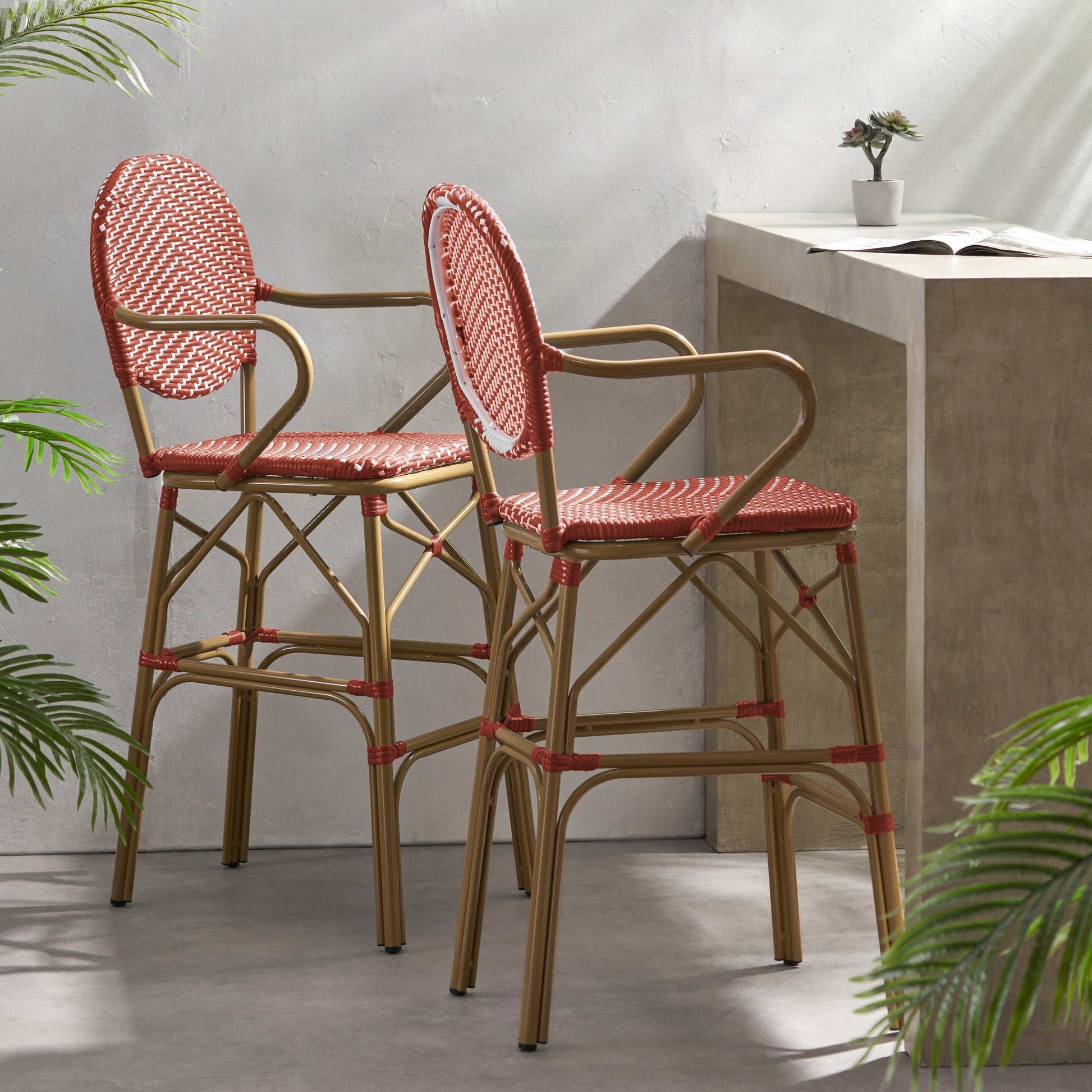 Outdoor Wicker and Aluminum French Barstools, set of 2, coral red woven seats on tan frames on Tampa Home & Garden Store