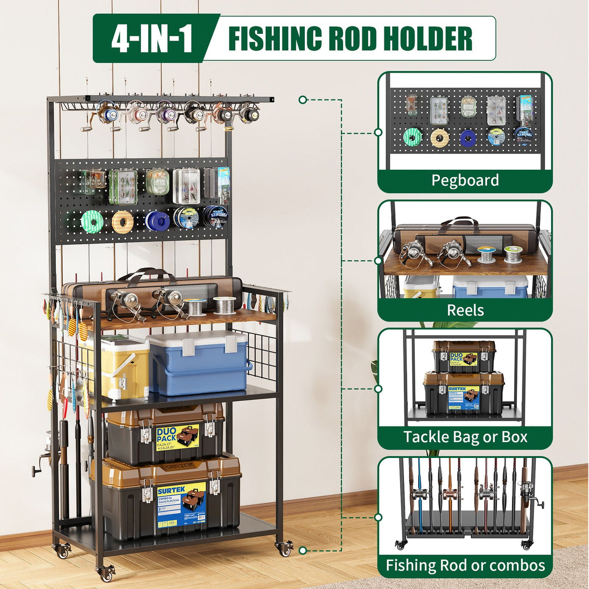 Fishing Rod Storage Rack with Pegboard and Cart, black steel frame on caster wheels on Tampa Home & Garden Store