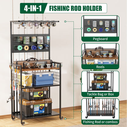 Fishing Rod Storage Rack with Pegboard and Cart, black steel frame on caster wheels on Tampa Home & Garden Store