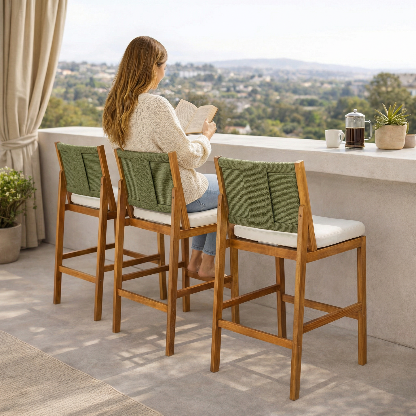 4-piece Arly Green Outdoor Bar Stool Set with wooden frames and woven cushions on terrace on Tampa Home & Garden Store