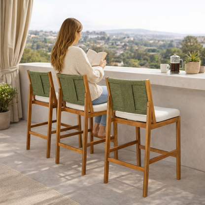 4-piece Arly Green Outdoor Bar Stool Set with wooden frames and woven cushions on terrace on Tampa Home & Garden Store