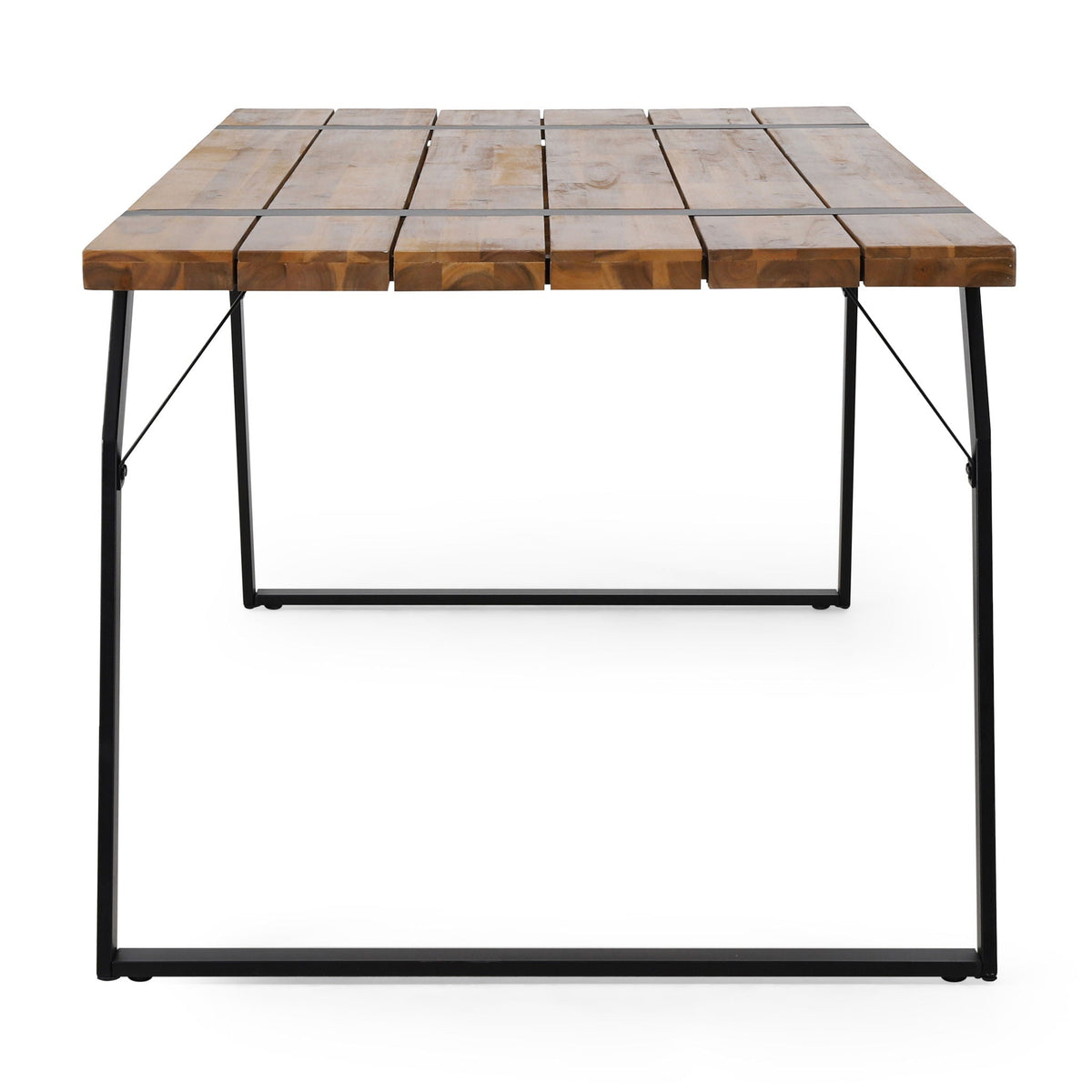 Zora dining table with industrial iron frame and weather-resistant acacia wood top in black on Tampa Home & Garden Store