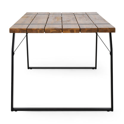 Zora dining table with industrial iron frame and weather-resistant acacia wood top in black on Tampa Home & Garden Store