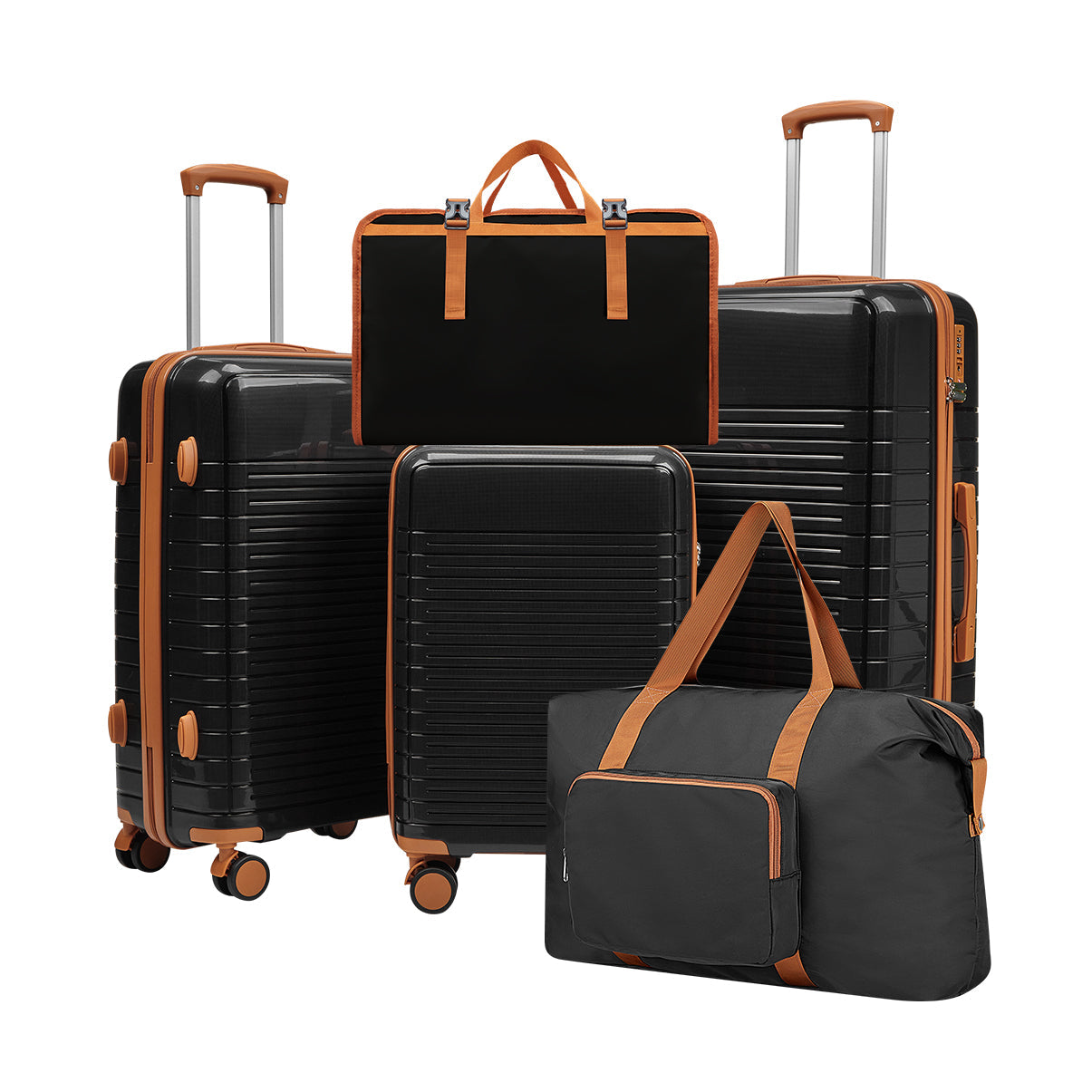5-piece HouseOfZazla hardside luggage set in black with orange trim; suitcases and garment bag on Tampa Home & Garden Store