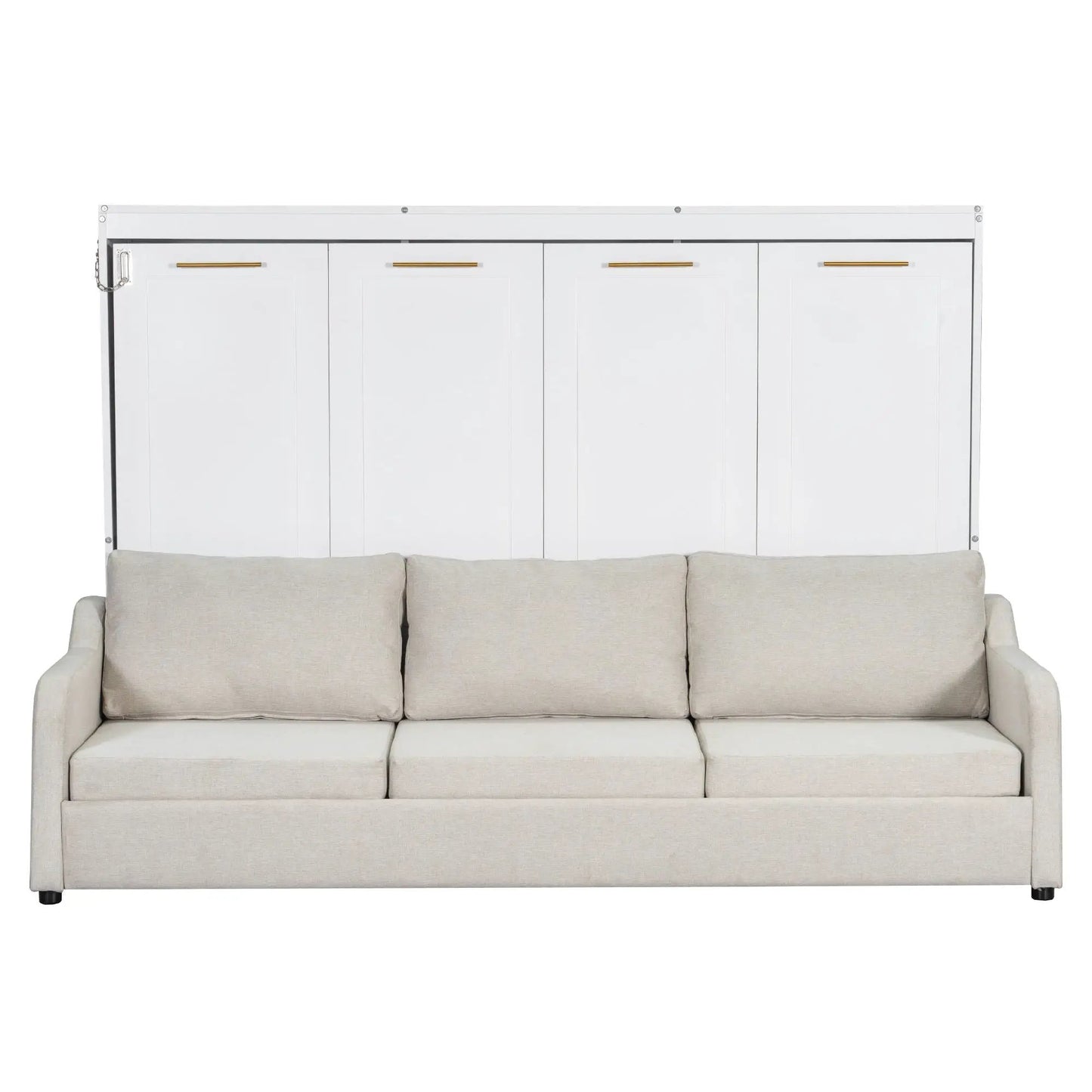 Murphy Cabinet Bed with Folding Sofa, white cabinet, gold handles, built-in shelves and LED light on Tampa Home & Garden Store