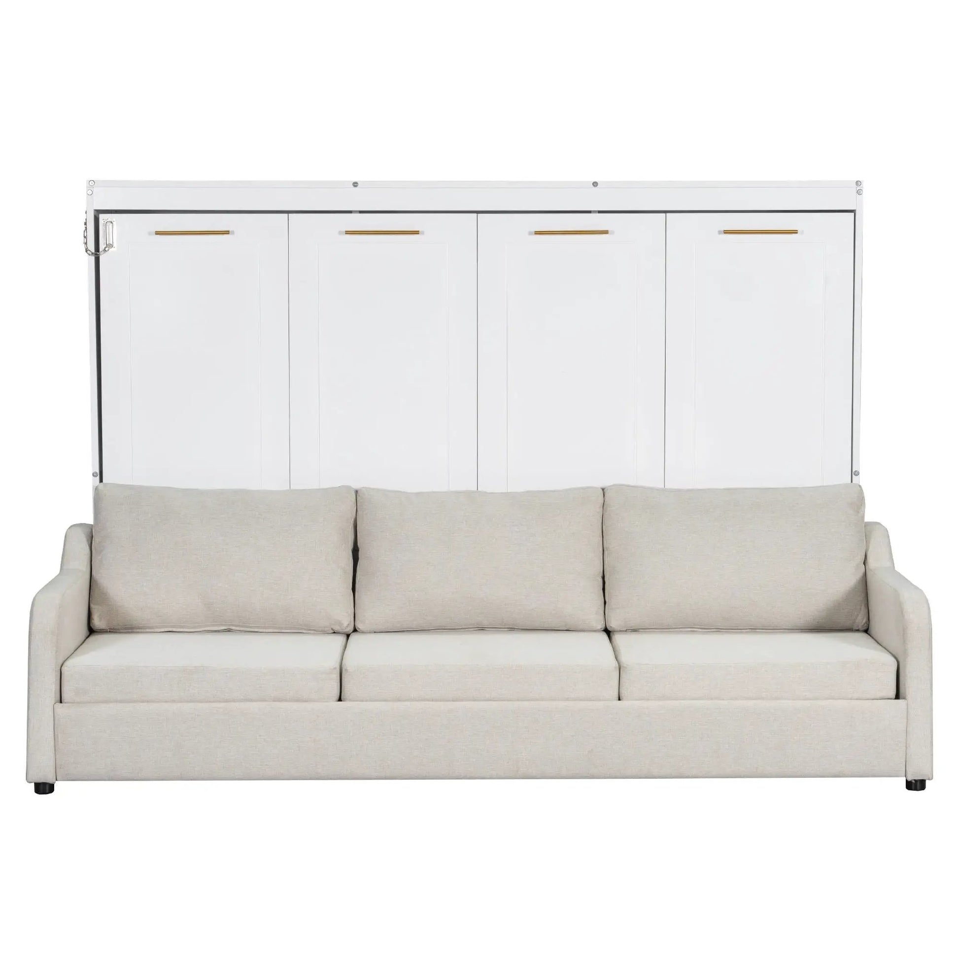 Murphy Cabinet Bed with Folding Sofa, white cabinet, gold handles, built-in shelves and LED light on Tampa Home & Garden Store