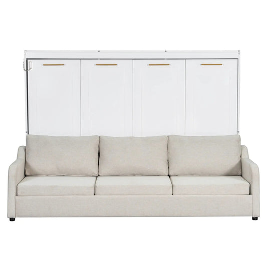 Murphy Cabinet Bed with Folding Sofa, white cabinet, gold handles, built-in shelves and LED light on Tampa Home & Garden Store