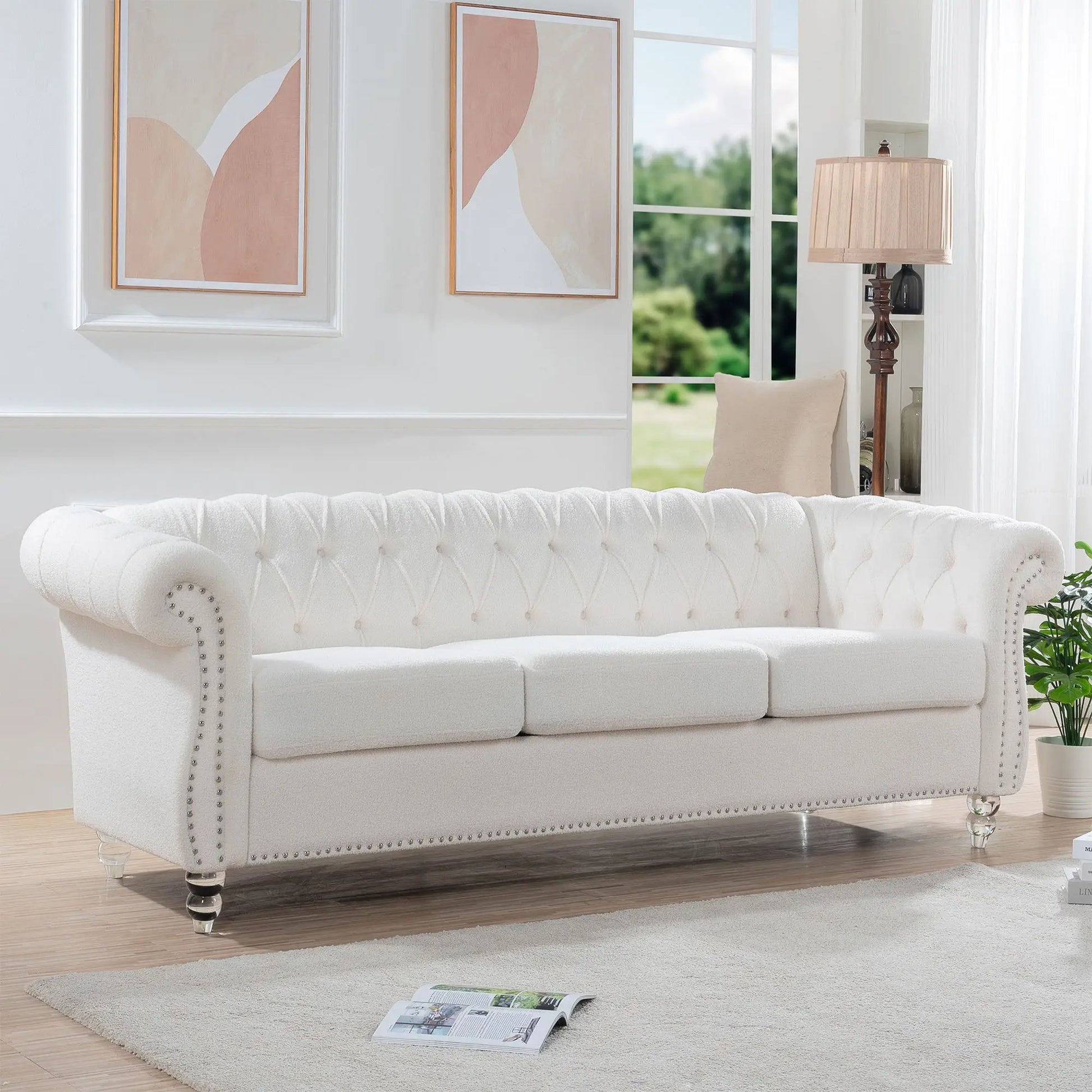 Rolled Arm Chesterfield 3 Seater Sofa in white tufted fabric with nailhead trim, stationary on Tampa Home & Garden Store