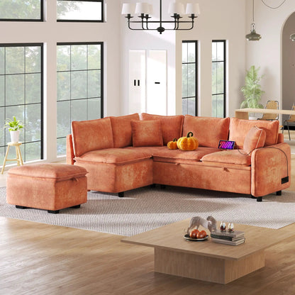 Sleeper L-shaped sofa sectional with storage ottoman and two pillows in orange living room on Tampa Home & Garden Store