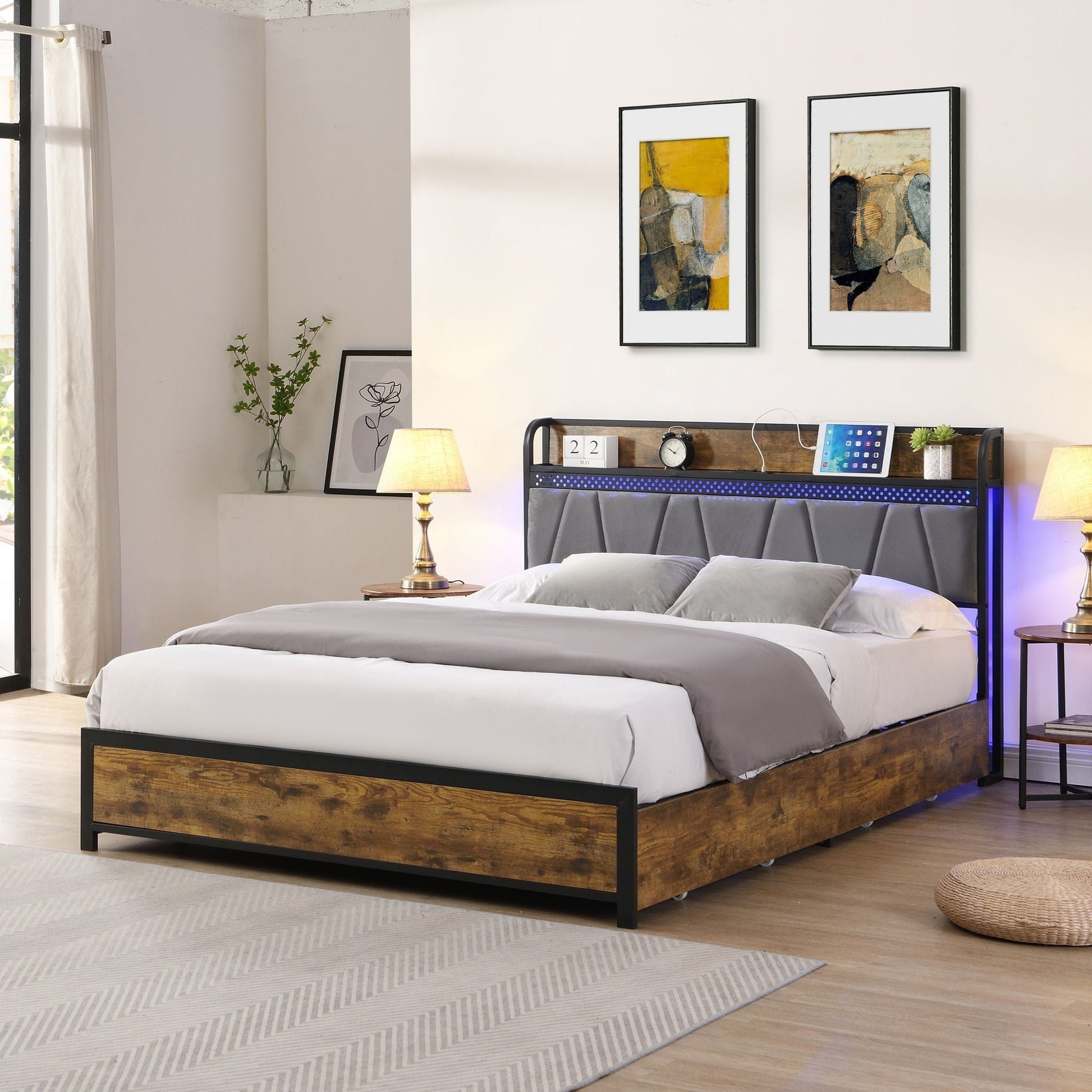 Contemporary storage bed frame with headboard, charging station, and LED lighting on Tampa Home & Garden Store