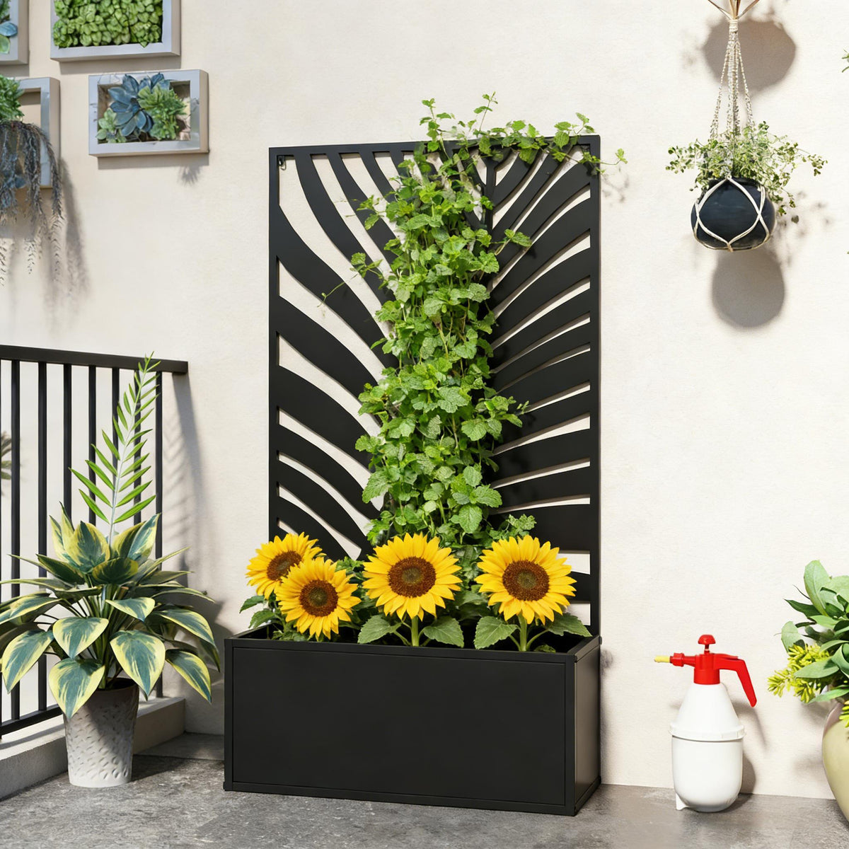Raised metal planter bed with decorative black privacy panel by HouseOfZazla, freestanding on Tampa Home & Garden Store
