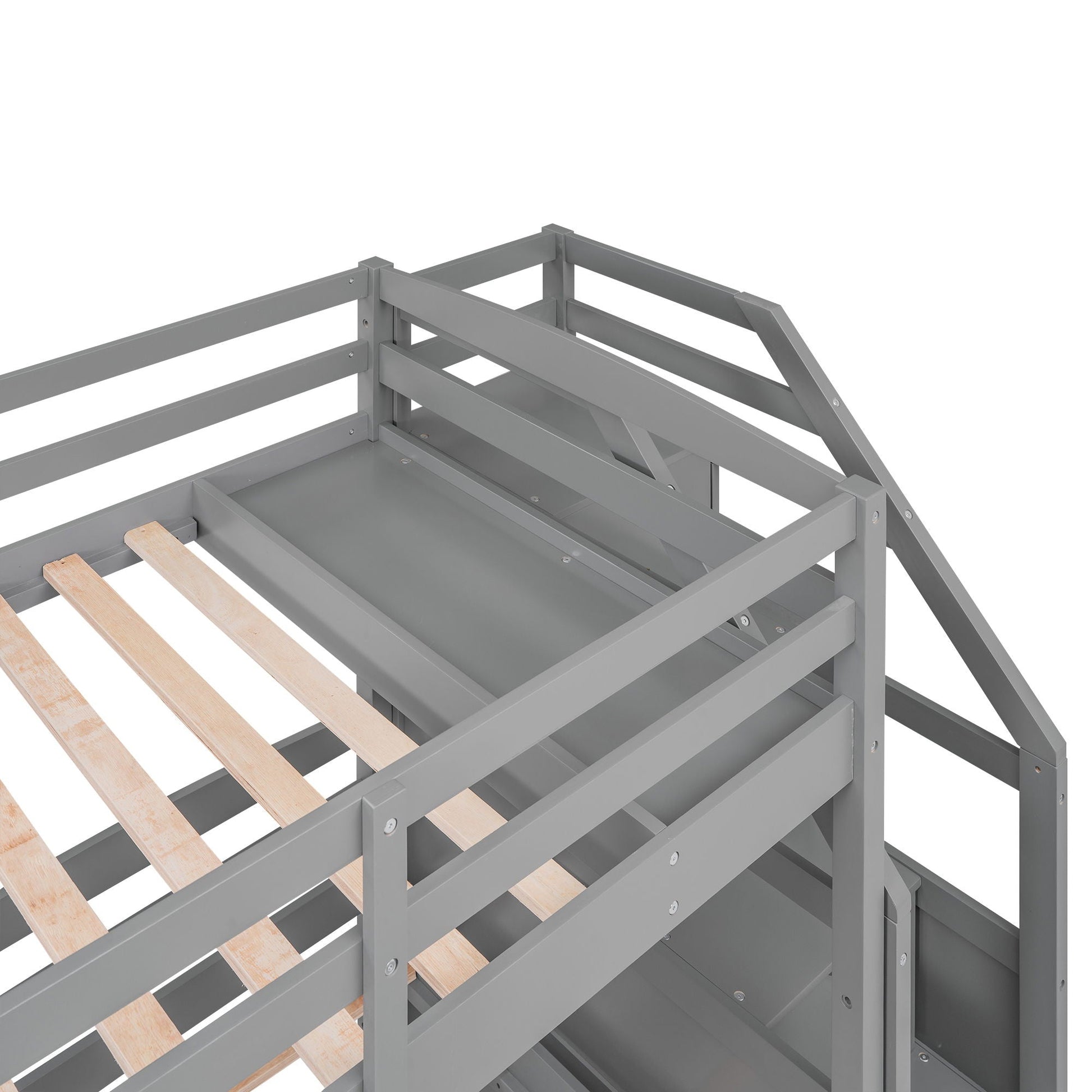 HouseOfZazla gray bunk bed frame with guard rails and slat supports on Tampa Home & Garden Store