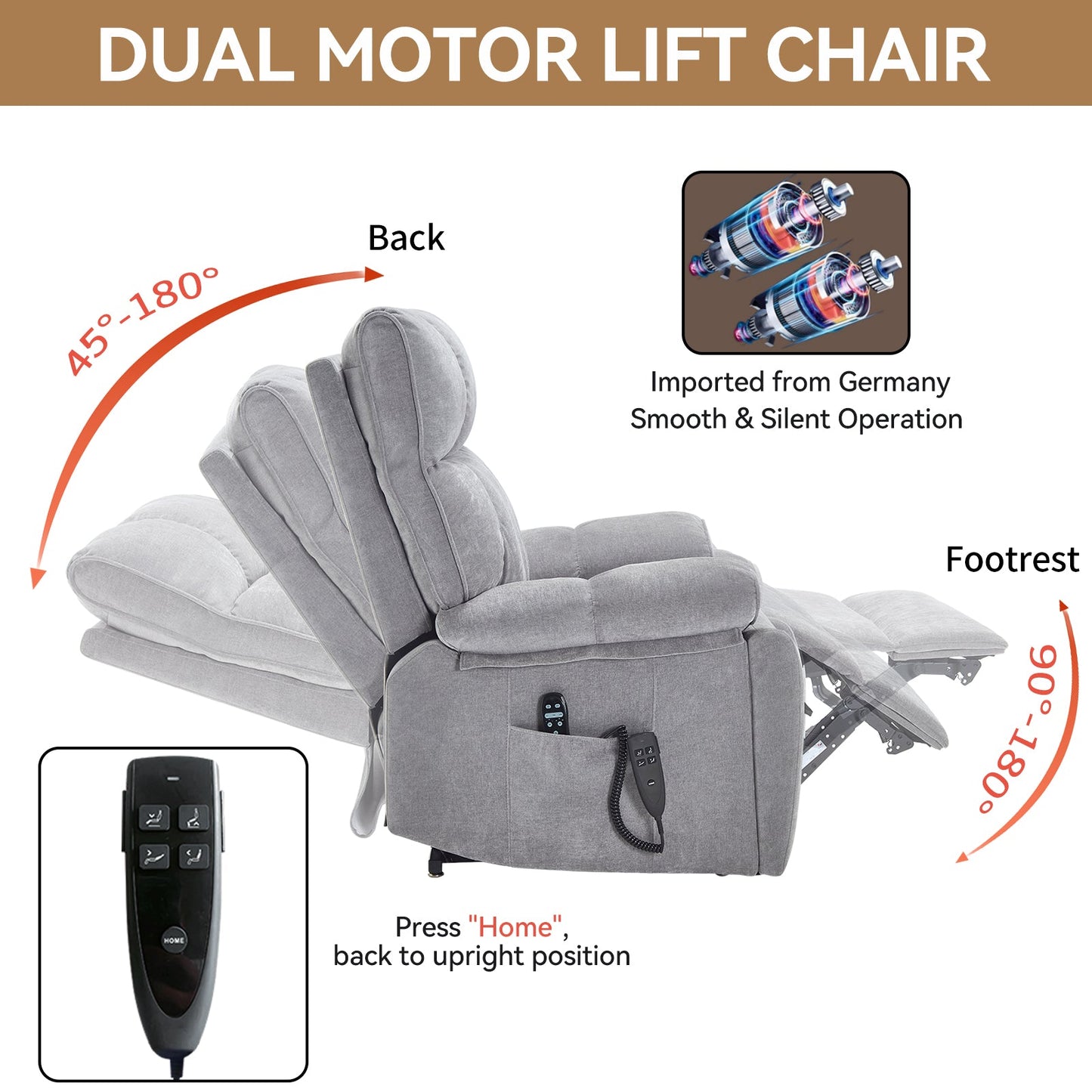 Grey HouseOfZazla dual-motor lift recliner with remote and heat massage on Tampa Home & Garden Store