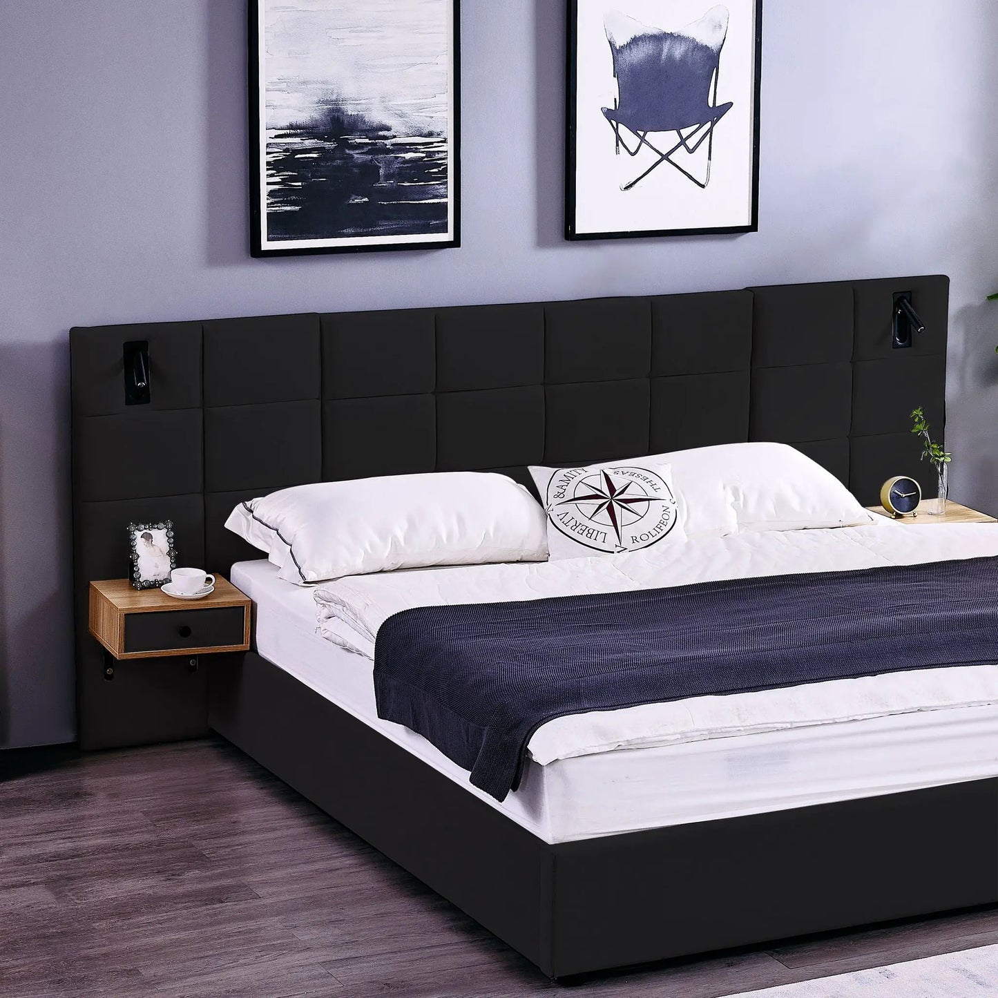 Upholstered platform storage bed in black fabric with built-in reading lamps on headboard on Tampa Home & Garden Store