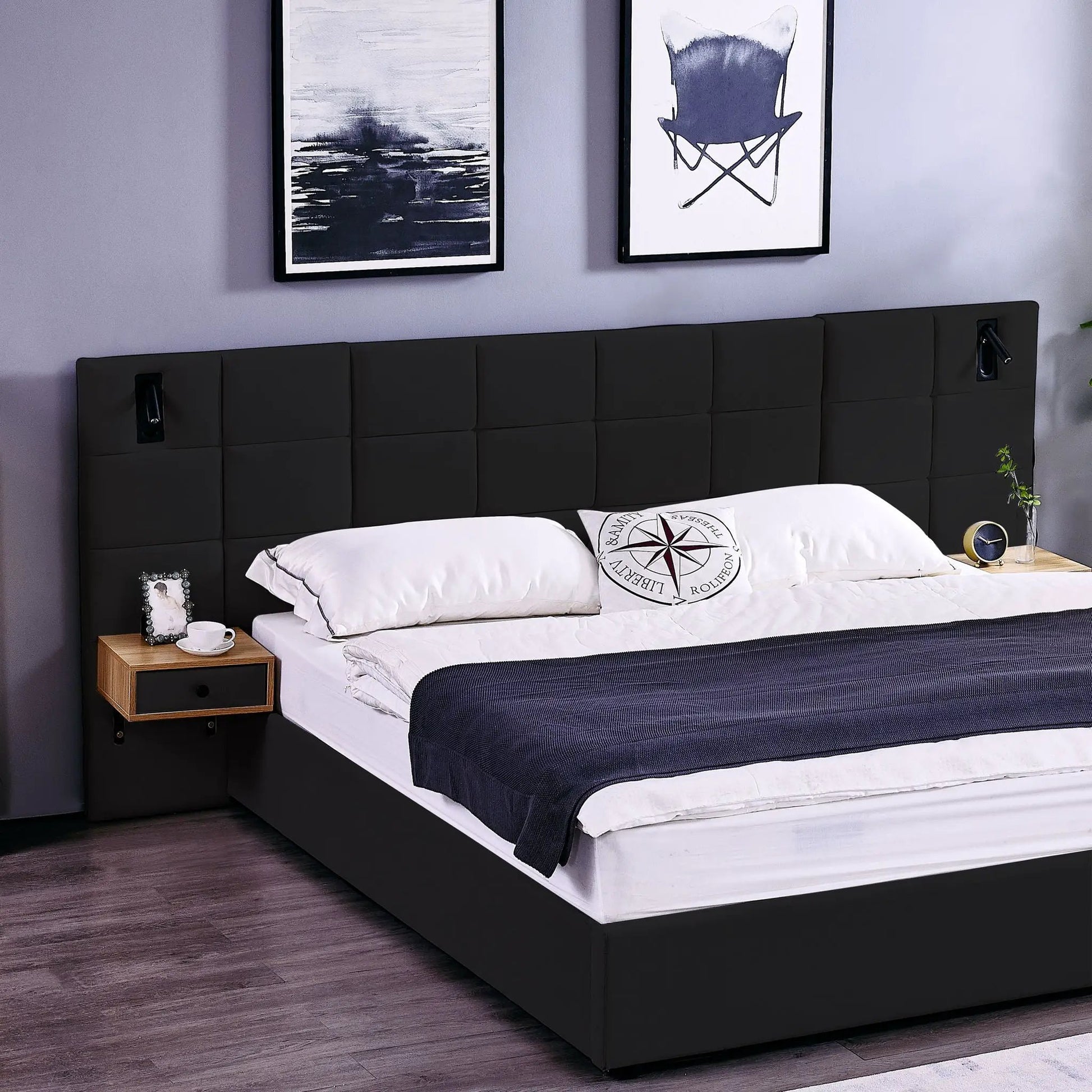 Upholstered platform storage bed in black fabric with built-in reading lamps on headboard on Tampa Home & Garden Store