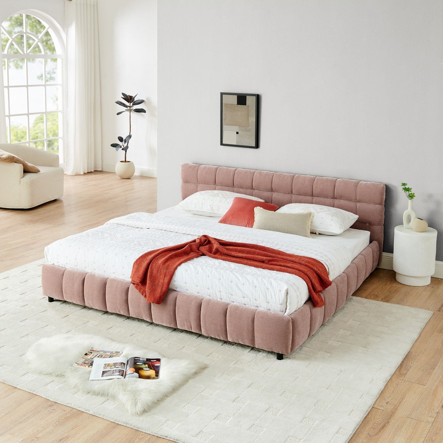 Modern Platform Bed and Thick Fabric Headboard