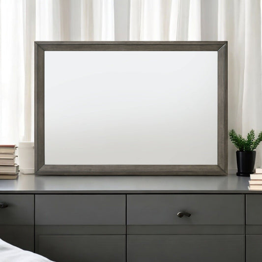 Escher Mirror with gray oak frame, rectangular mirror on a dresser with books and plant on Tampa Home & Garden Store
