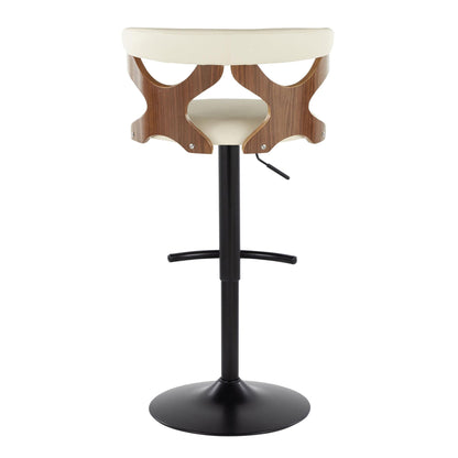 Contemporary adjustable swivel barstool with cream upholstery and curved wood frame on black base on Tampa Home & Garden Store