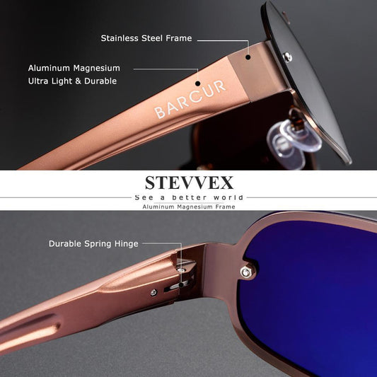 Stevvex sunglasses with rose-gold aluminum frame and blue mirrored lenses spring hinge on Tampa Home & Garden Store