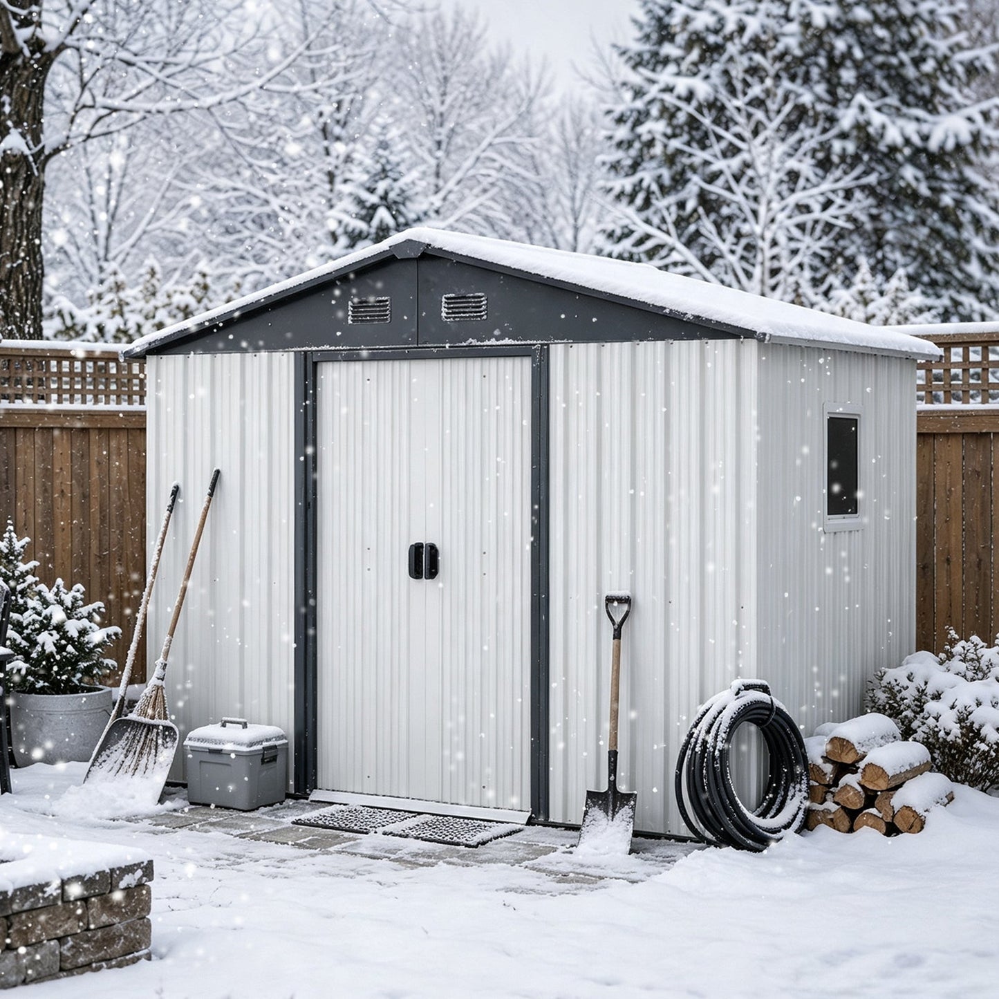 HouseOfZazla 8ft x 4ft outdoor metal storage shed with window, snowy grey steel panels on Tampa Home & Garden Store