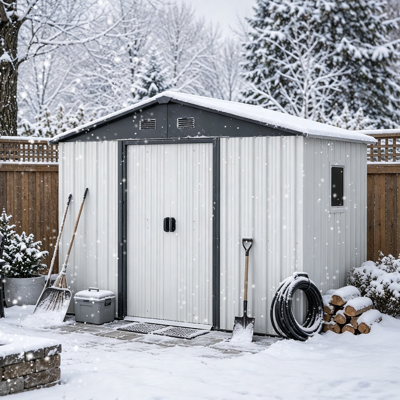 HouseOfZazla 8ft x 4ft outdoor metal storage shed with window, snowy grey steel panels on Tampa Home & Garden Store