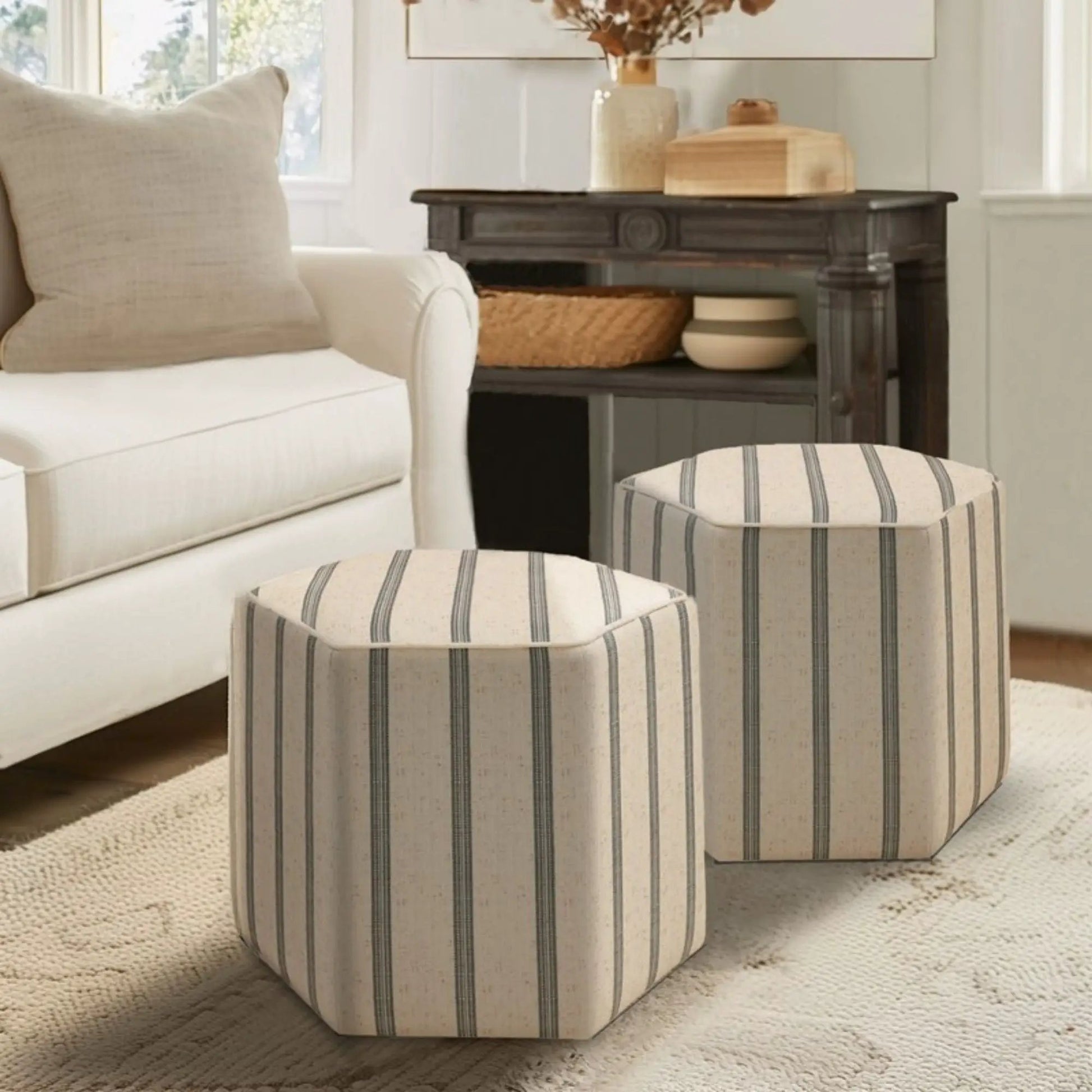Accent Ottoman Printed Stripe set of 2 in beige fabric with navy stripes Unique Piece Furniture on Tampa Home & Garden Store