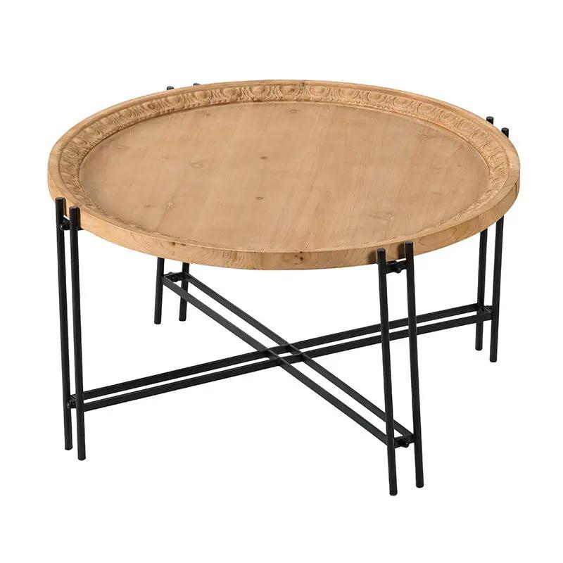 Farmhouse Round Wood Coffee Table with Metal Legs