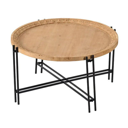 Farmhouse Round Wood Coffee Table with Metal Legs