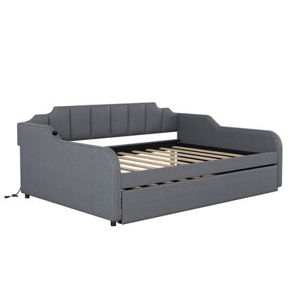 Full-size upholstered daybed with trundle, gray fabric, USB charging by HouseOfZazla on Tampa Home & Garden Store