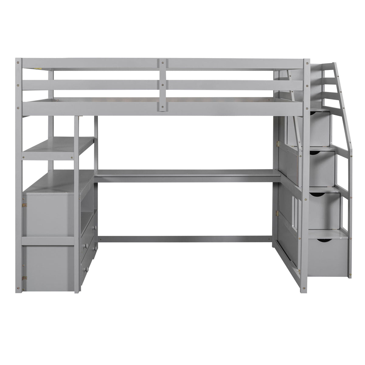 Loft bed with desk, gray metal frame, shelves and 2-drawer storage staircase HouseOfZazla on Tampa Home & Garden Store