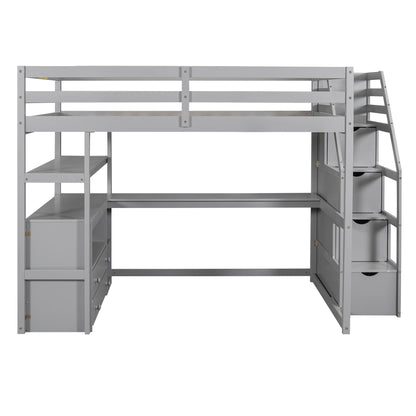 Loft bed with desk, gray metal frame, shelves and 2-drawer storage staircase HouseOfZazla on Tampa Home & Garden Store