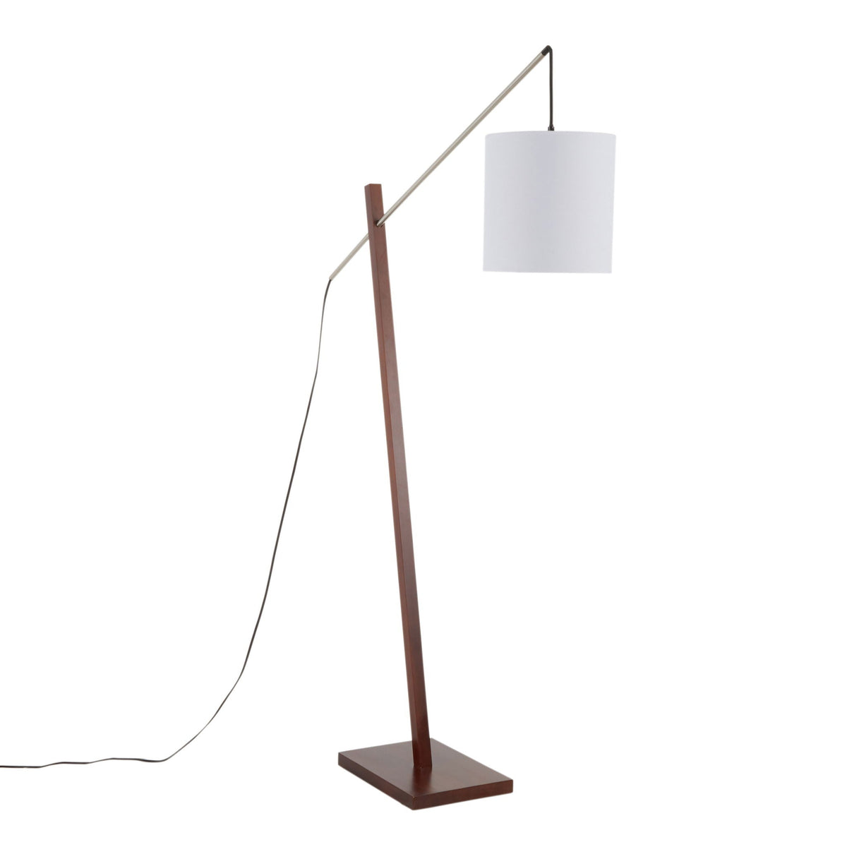 Arturo floor lamp by HouseOfZazla with dark wood base, white drum shade, diagonal metal arm on Tampa Home & Garden Store