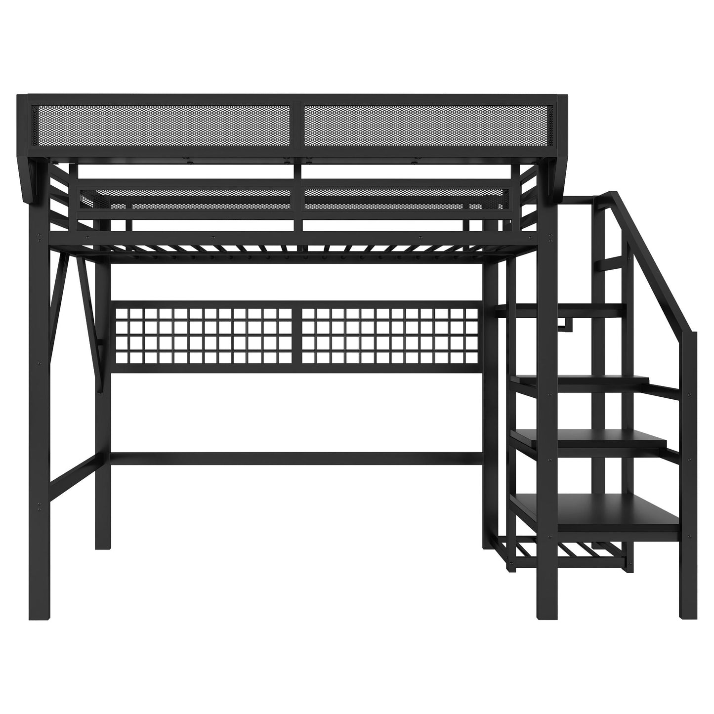 Loft bed with stairs and storage, black metal frame, mesh panels, HouseOfZazla on Tampa Home & Garden Store