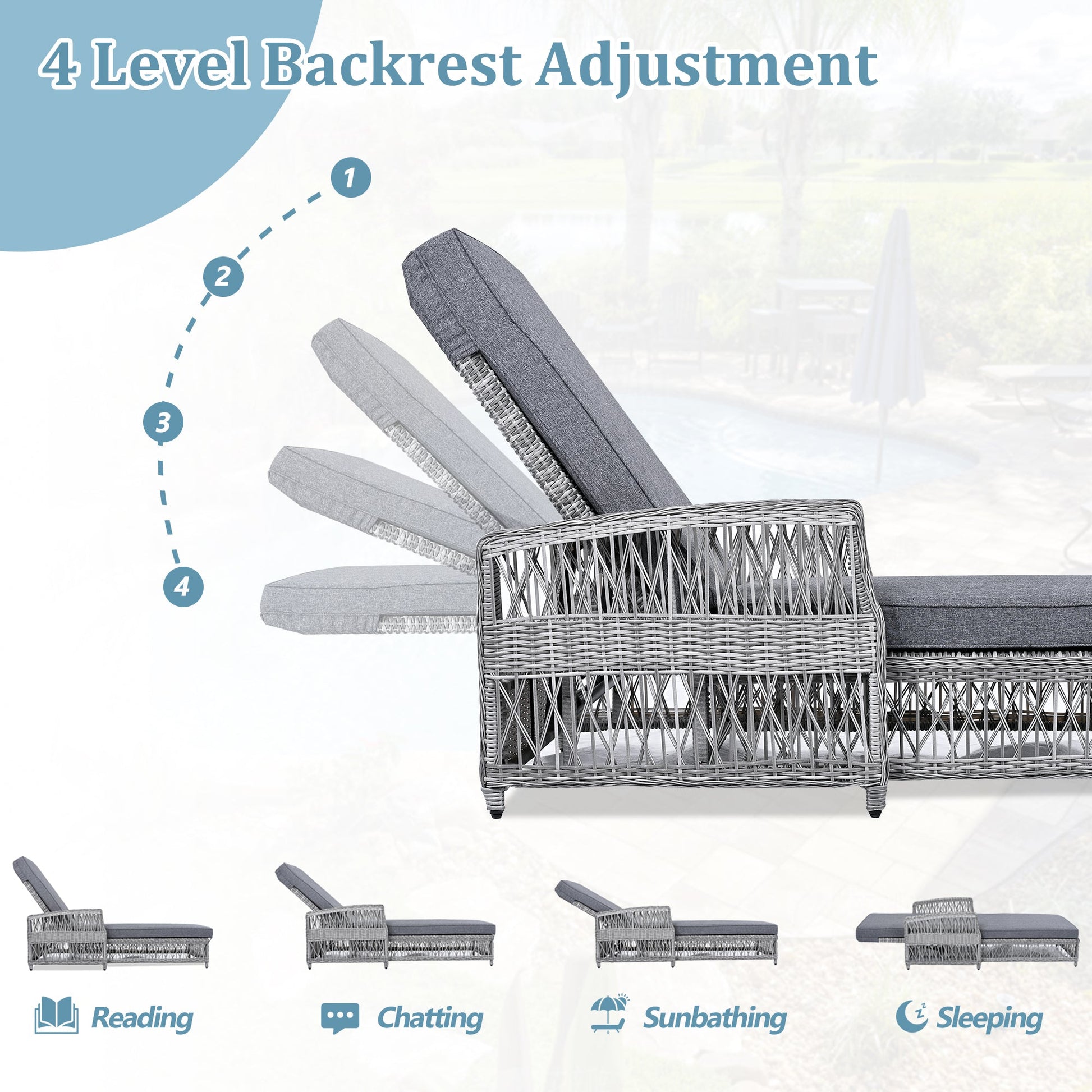 GO Outdoor Long Reclining Chaise with Armrests and Cushions, gray wicker sunlounger by HouseOfZazla set of 5 on Tampa Home & Garden Store