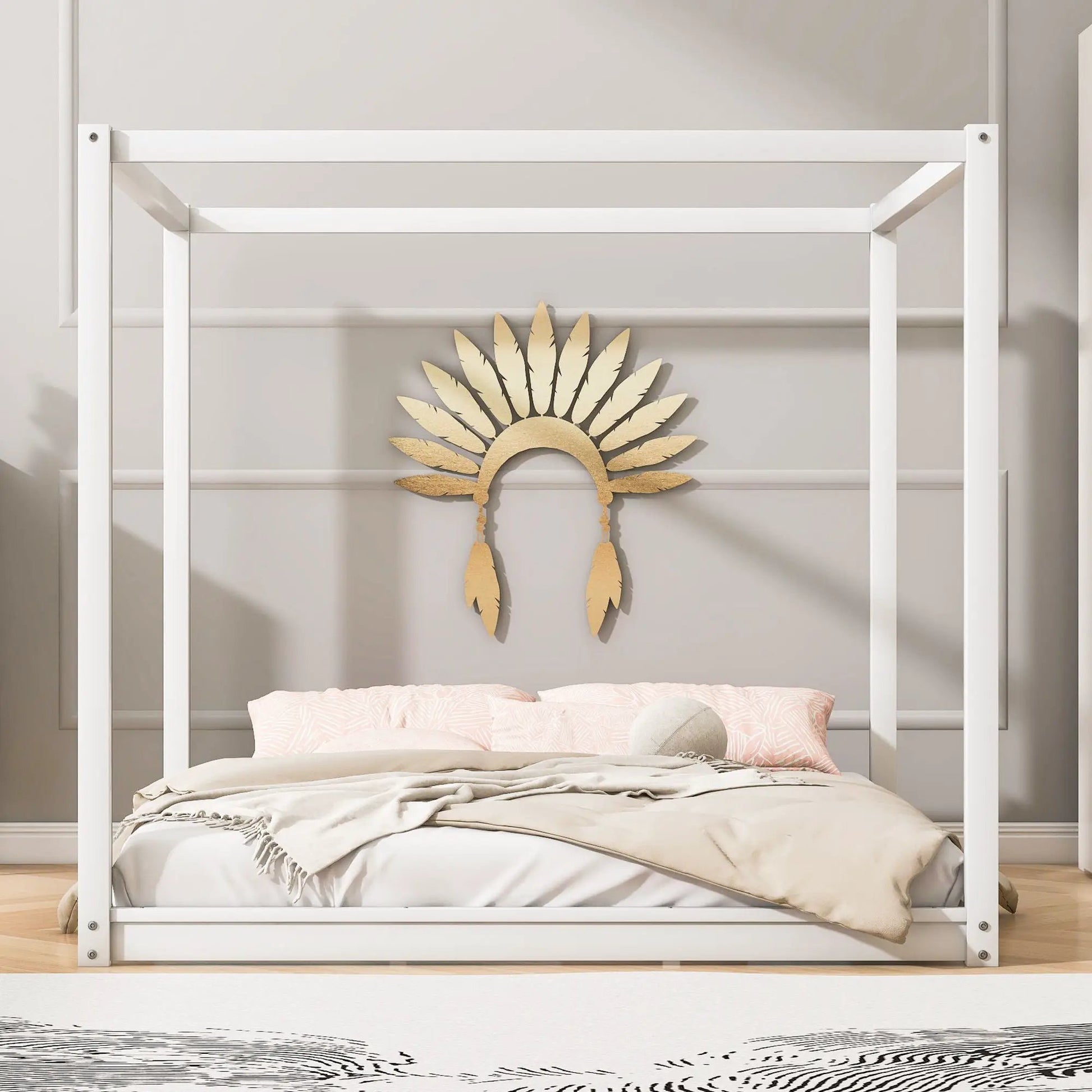Wood canopy platform bed with airflow slats and support legs, white frame with pale bedding on Tampa Home & Garden Store