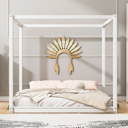 Wood canopy platform bed with airflow slats and support legs, white frame with pale bedding on Tampa Home & Garden Store