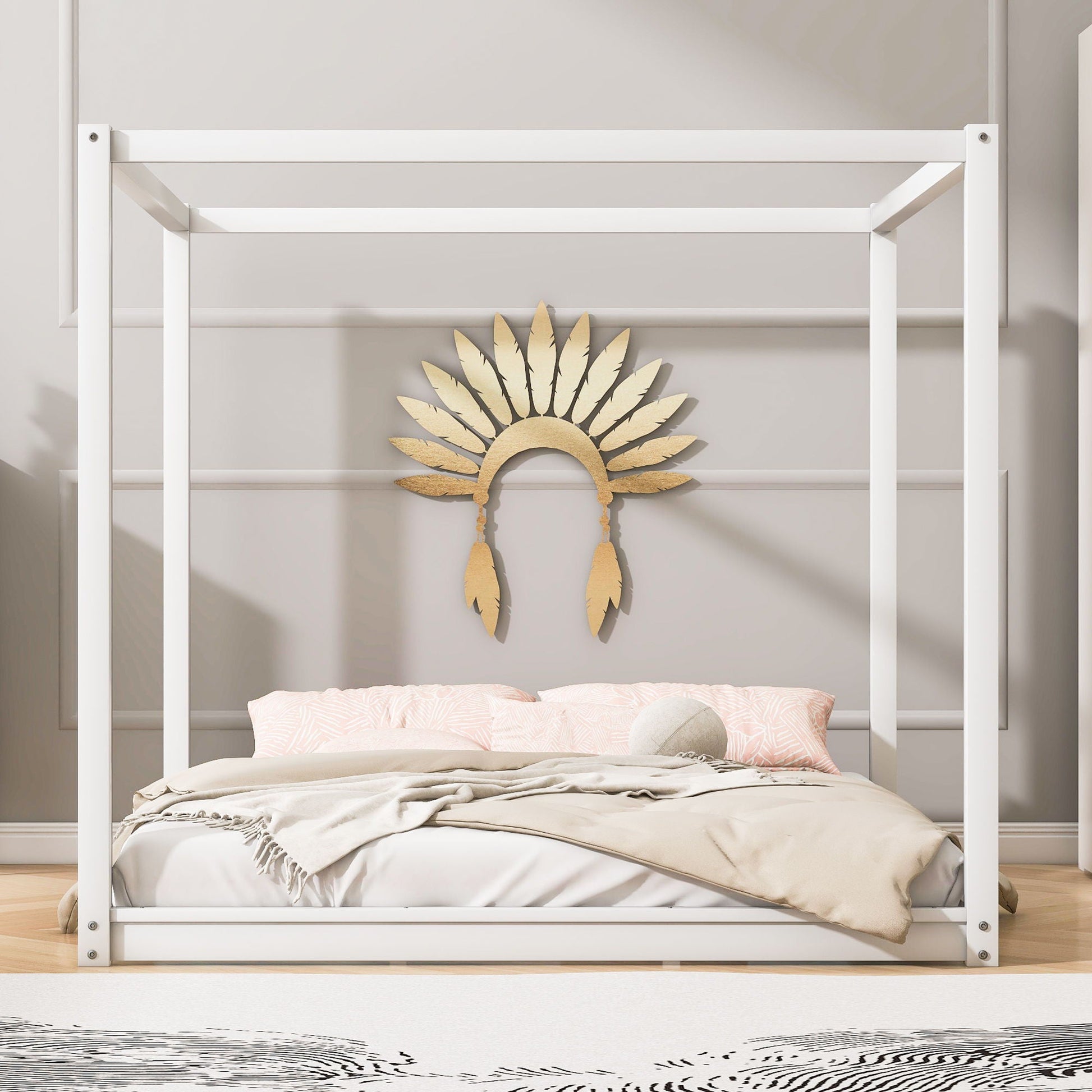 Wood canopy platform bed in white with support legs and airflow slats on Tampa Home & Garden Store