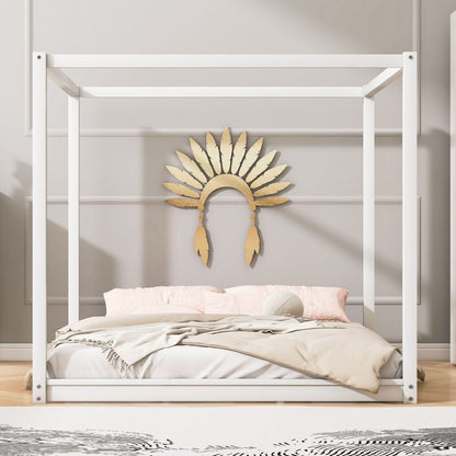 Wood canopy platform bed in white with support legs and airflow slats on Tampa Home & Garden Store
