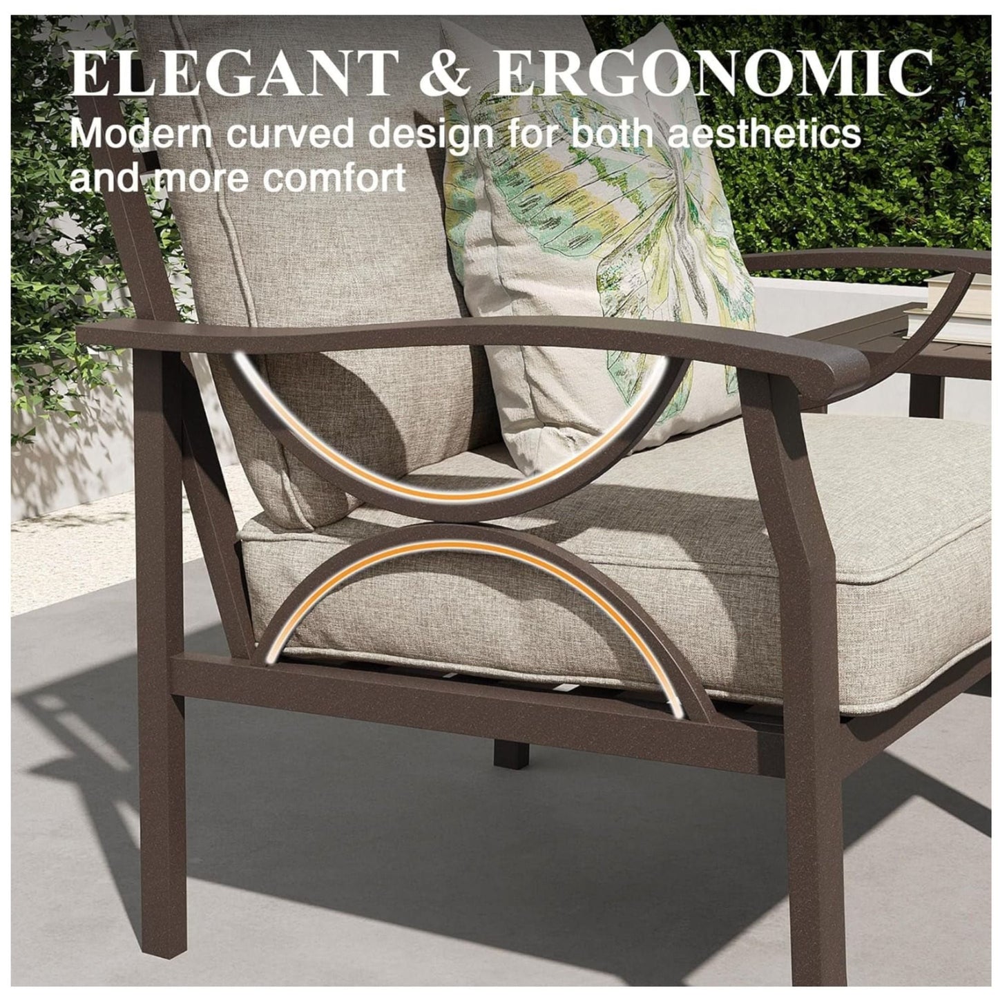 All-Weather Armchairs with Cushions set of 2 by HouseOfZazla, brown sculptural frames with beige cushions on Tampa Home & Garden Store